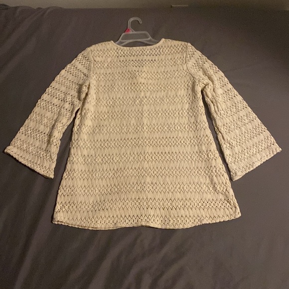 Ivory White Crochet Boho Bell-Sleeved Notch-Neck Flare Krazy Kat Tunic sz M - Picture 7 of 16